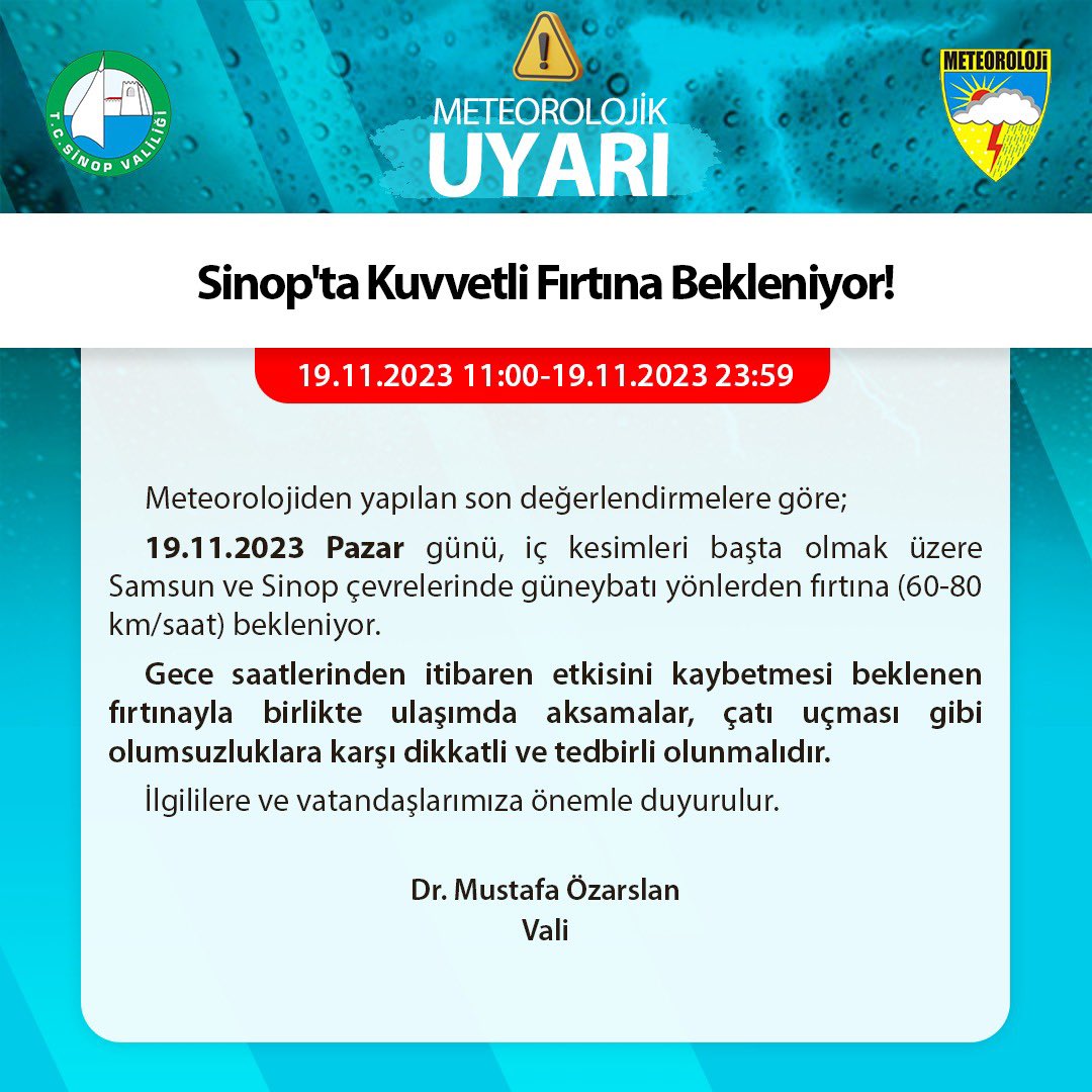 TCSinopValiligi's tweet photo. Meteorolojik Uyarı ⚠️ https://t.co/H4T9kG21CP