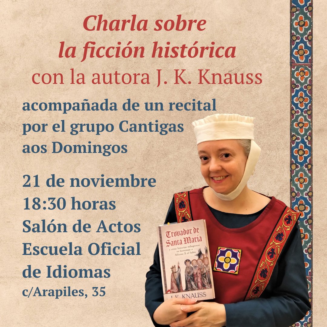 Este martes en Zamora, una charla en castellano, cantigas en gallego-portugués medieval y si queréis, you can ask questions in English! Nos vemos en la EOI!
#medieval #ficciónhistórica #AlfonsoX #libros #autor #idiomas
