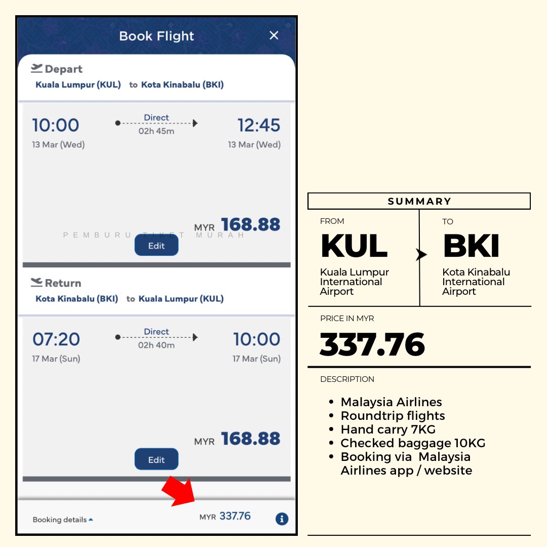 Malaysia Airlines
KUL - Kota Kinabalu - KUL
RM337.76

✅ Checked baggage 10KG

Tempah menggunakan app/website rasmi Malaysia Airlines. Boleh cari penerbangan bulan Jan-Mac 2024