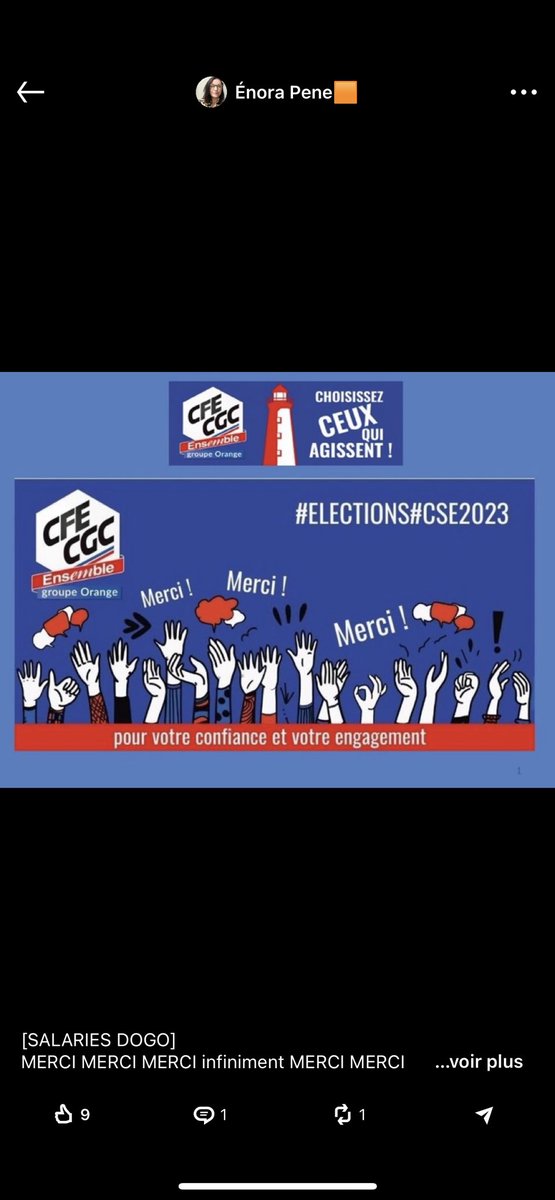 [Elections2023] La <a href="/CFECGCOrange/">CFE-CGC Orange</a> tient à vous remercier pour votre soutien. Grâce à vos votes nous restons la 1ère organisation syndicale d’Orange avec plus de 43% et devenons la 1ère de la DOGSE avec 23.88%. Vous avez choisi ceux qui agissent! 
Merci 🙏