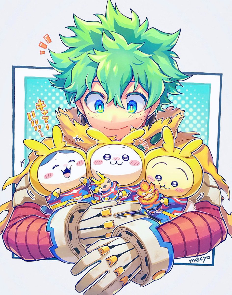 midoriya izuku green hair smile gloves male focus white gloves green eyes freckles  illustration images