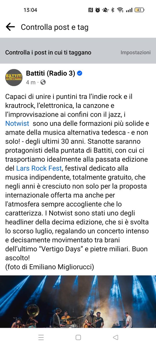 Questa notte su Radio3 Rai andrà in onda il concerto dei Notwist (<a href="/thenotwist/">The Notwist</a> ) che abbiamo organizzato al <a href="/LarsRockFest/">Lars Rock Fest</a>
Per chi c'era e per chi non c'era, un'occasione per riascoltare un grandissimo live
 raiplaysound.it/programmi/radi…