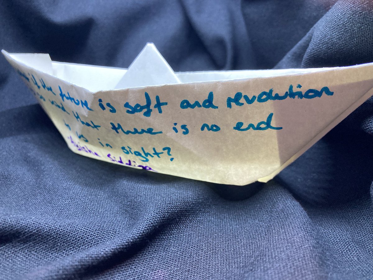 paperboatswrite's tweet photo. ‘What if the future is soft and revolution is so kind that there is no end to us in sight?’

#1000Paperboats #1000ClimateHopes 

#Paperboat collected at the @natlibscot https://t.co/8xxLnzwaCE