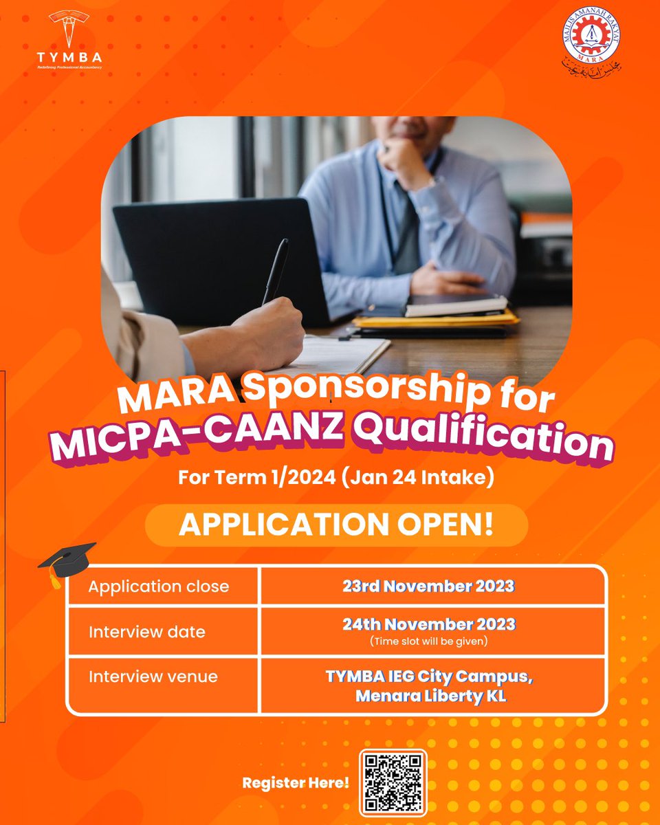 tymbaeducation's tweet photo. Application for MICPA-CAANZ MARA Sponsorship reopens!

This is for Term 1/2024 (Jan 24 Intake)

MARA is offering full sponsorship for the MICPA-CAANZ programme which is worth RM48,000+ including monthly pocket allowance! https://t.co/7AEOMW2efM
