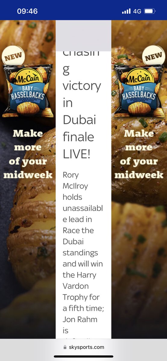 NeilMullane's tweet photo. @SkySports thank you for making this the worst iPhone reading experience to follow the golf all for fatty, unhealthy frozen foods. The ad runs the length of the feed. https://t.co/ahFRDRaqq9
