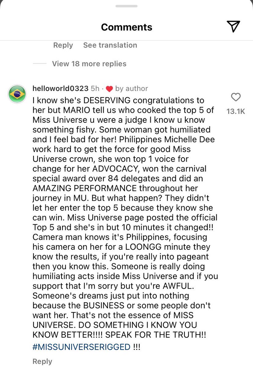 sofiahaevun's tweet photo. ONE OF THE MISS UNIVERSE 2023 JUDGE MARIO BAUTISTA LIKE THIS COMMENT ON HIS VERY “OWN” POST. YOU SEE EVEN THE JUDGE AMINADONG MAY MALI.

#MissUniverse2023 #MissUniverse  #MissUniversePhilippines https://t.co/aWVfg6dZL5