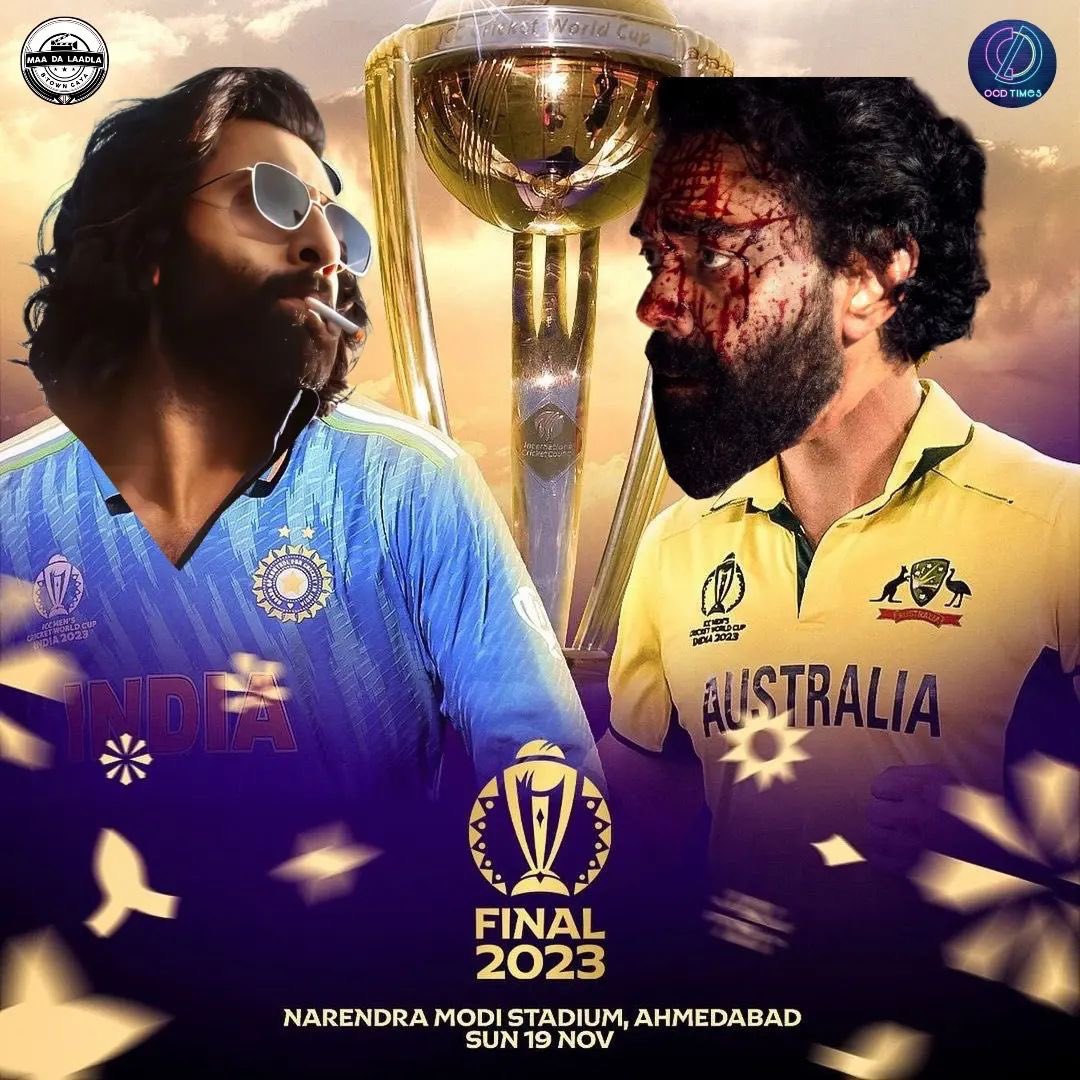 Ajj toh ho gayi ladaai bhari 🏏🔥 #CWC23 #Animal
.
#final2023 #ranbirkapoor
#bobbydeol #sandeepreddyvanga #weloveindia #cheersforindia #cricketfever #cricket #narendramodistadium #ahmedabad #viratkohli #shreyasiyer #rohitsharma #klrahul #ocdtimes #suryacinefinite #maadalaadlahere