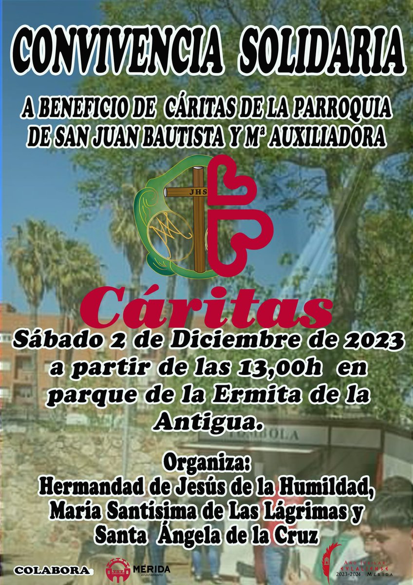 Llega nuestra convivencia solidaria, donde todos los beneficios serán destinados a Cáritas de nuestra parroquia para hacer frente a las necesidades de las 50 familias que atienden.
Tendremos migas, montados, bebidas, sorteos, tombola,.... 
Colabora: Ayuntamiento de Mérida.