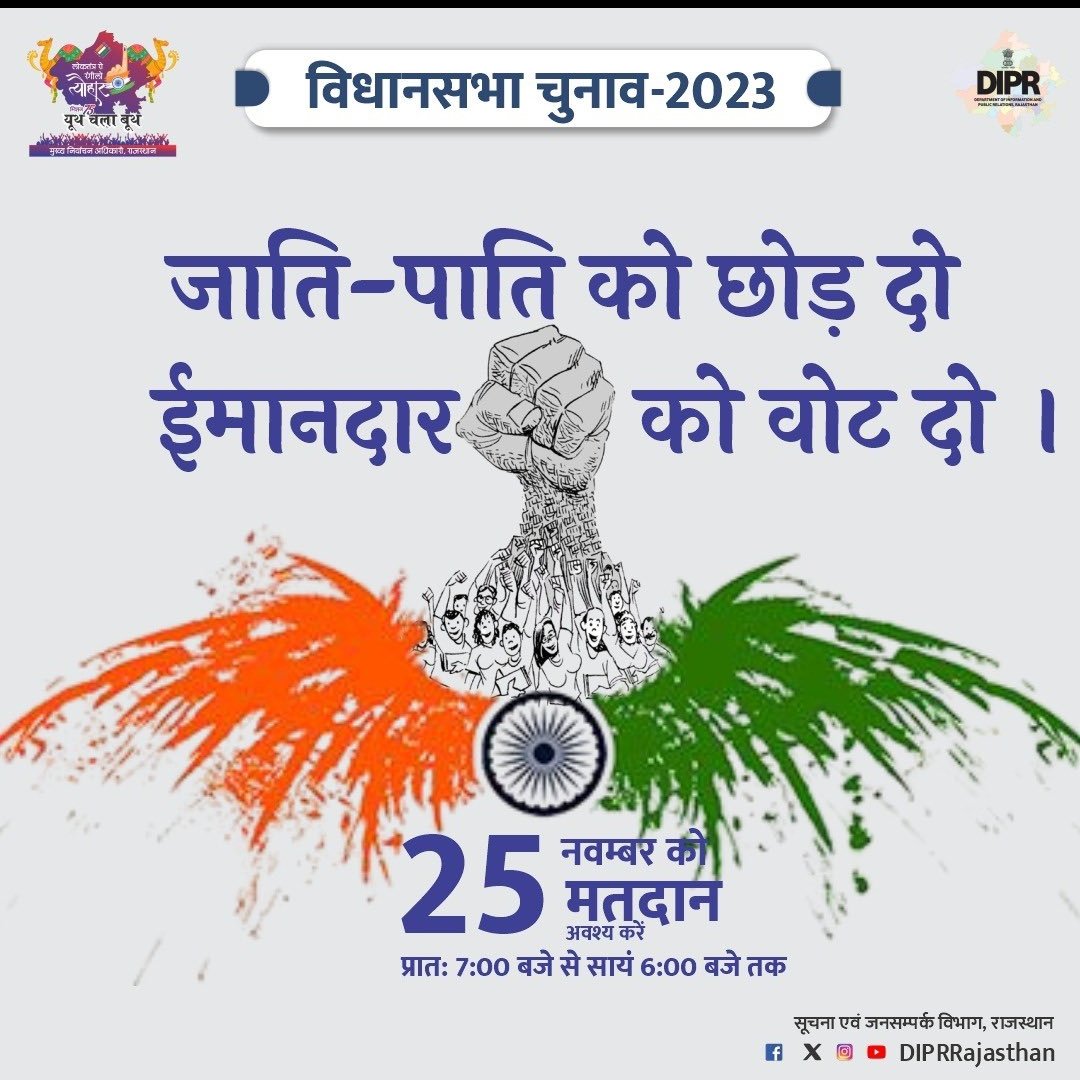 लोकतंत्र रो रंगीलो त्यौहार . 25 नवम्बर 2023 को प्रात: 7:00 से सायं 6:00 बजे तक अपने मताधिकार का प्रयोग अवश्य करें .