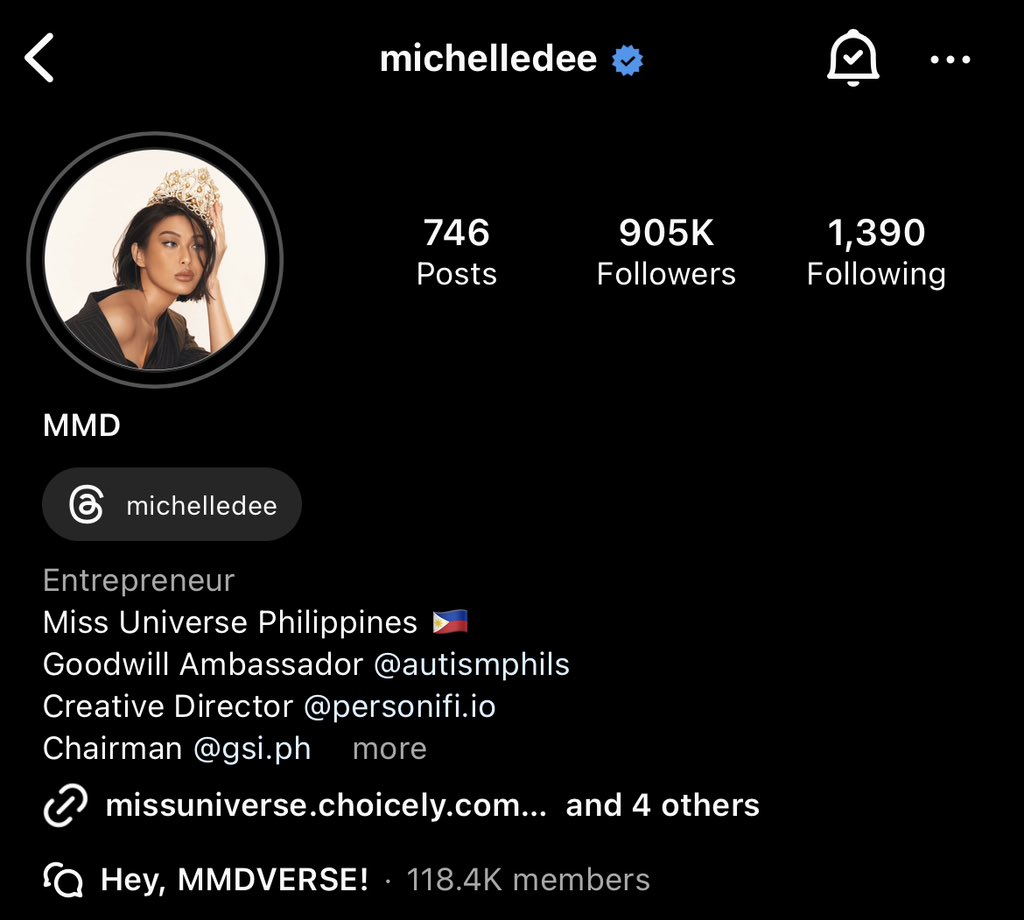 PiaWurtzbachUni's tweet photo. Can we make MMD’s followers to 1 MILLION to show our support? ‘Cause she truly deserve the recognition right now 🥹 @michellemdee 

#MissUniverse2023 #MichelleDee #Philippines #MissUniverse #ForDeeUniverse #Filipinas #MichelleMarquezDee #DEE5TINY #MissUniverso https://t.co/4TNuQwPZps