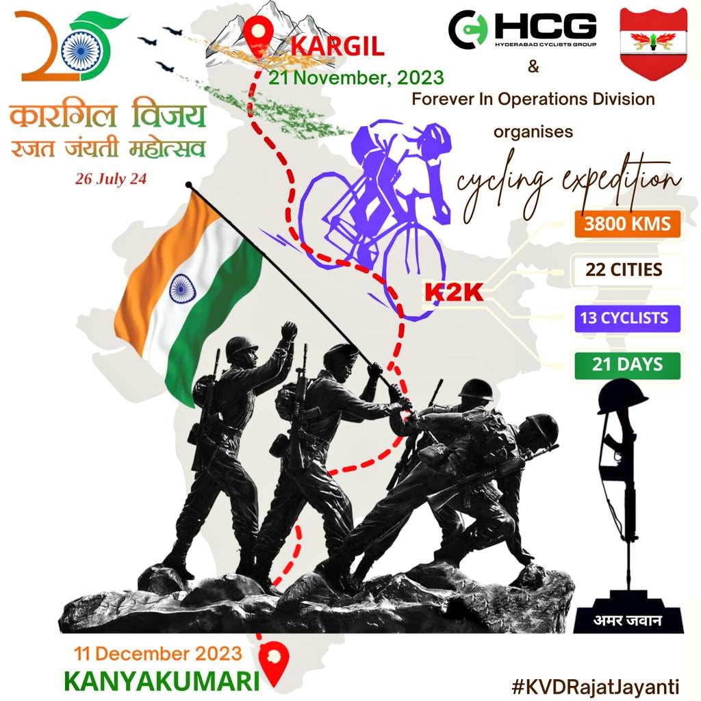 'From #Kargil to #Kanyakumari'

#KVDRajatJayanti

A team of 13 cyclists of #Hyderabad Cyclists Group (HCG) in association with Forever in Operations Division are set to commence the challenging 3,800 km long Cycling Expedition from Kargil to Kanyakumari, #K2K.

The team will