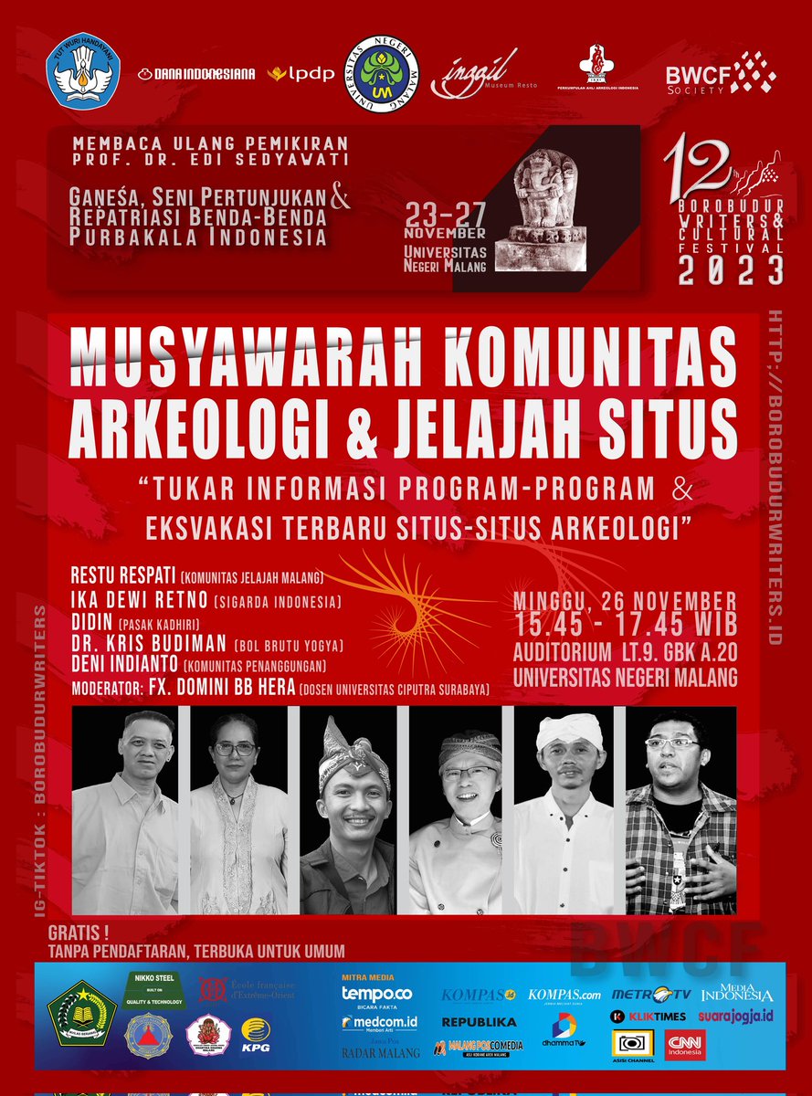 Program "Musyawarah Komunitas Arkeologi &amp; Jelajah Situs" dengan topik, “Tukar Informasi Program-Program &amp; Eksvakasi Terbaru Situs-Situs Arkeologi” dilaksanakan pada Minggu, 26 N0vember 2023 pukul 15.45 - 17.45 WIB bertempat di Auditorium Lt. 9. GKB A.19. UM.