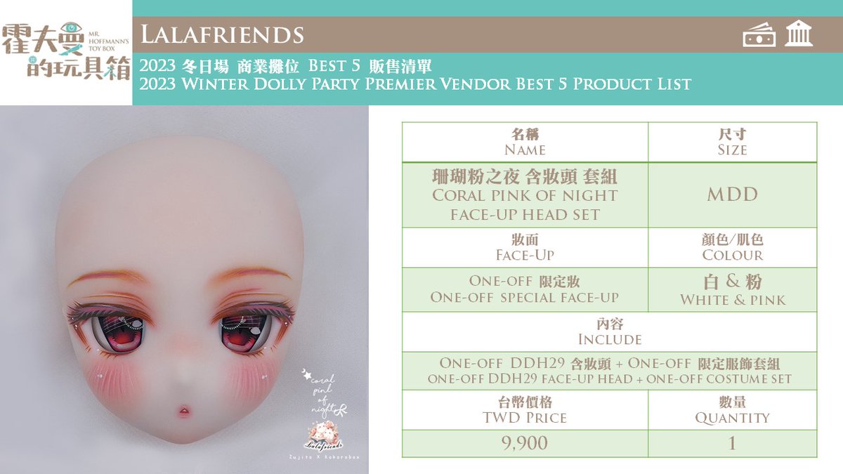 hoffmanntoybox's tweet photo. ❄2023 Winter Dolly Party Premier Vendor BEST 5 Items❄

@LusciousMoonBJD (P45)

They plan to bring👇
❄Coral pink of night face-up head + outfit set × 1
❄α Leporis costume set, MDD/Kumako × 7
❄SIRIUS costume set, MDD/Kumako × 4
❄BBIEW cotton doll × 15
❄Imomo face-up head × 4 https://t.co/kC1nuRP9A3