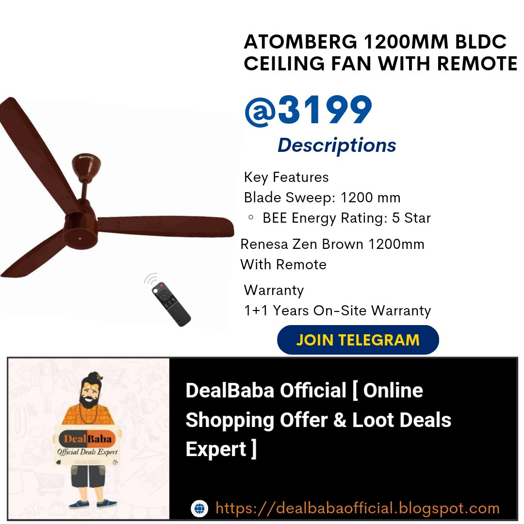 DLBabaoffical's tweet photo. Do you Know ? Atomberg 1200mm BLDC Ceiling Fan With Remote at just Rs 3199 😳

Not Just Smartwatch , More Product Comes at heavy Discount on Regular Basis On Amazon Flipkart

There is 1 Channel which share best offer and such loots from these top websites. You will get real deals https://t.co/Mz4bZFZQXi