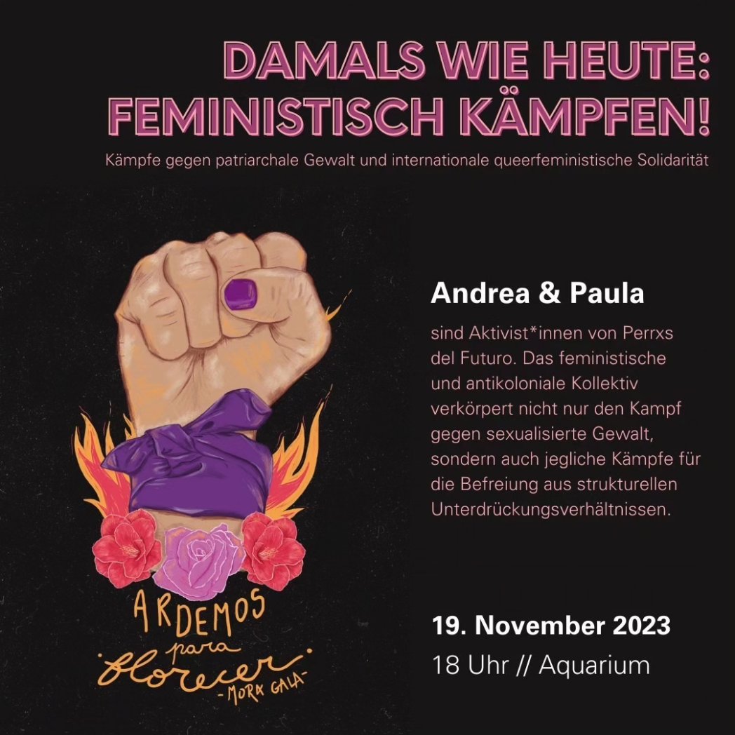 Bald, am 25. November, ist Internationaler Tag gegen Gewalt an Frauen. Schon heute (18 Uhr) sprechen wir im Aquarium in Berlin mit Vertreterinnen feministischer Bewegungen über den Widerstand gegen patriarchale Gewalt. Kommt vorbei! #b1911 Mehr Infos: lateinamerika-nachrichten.de/veranstaltunge…