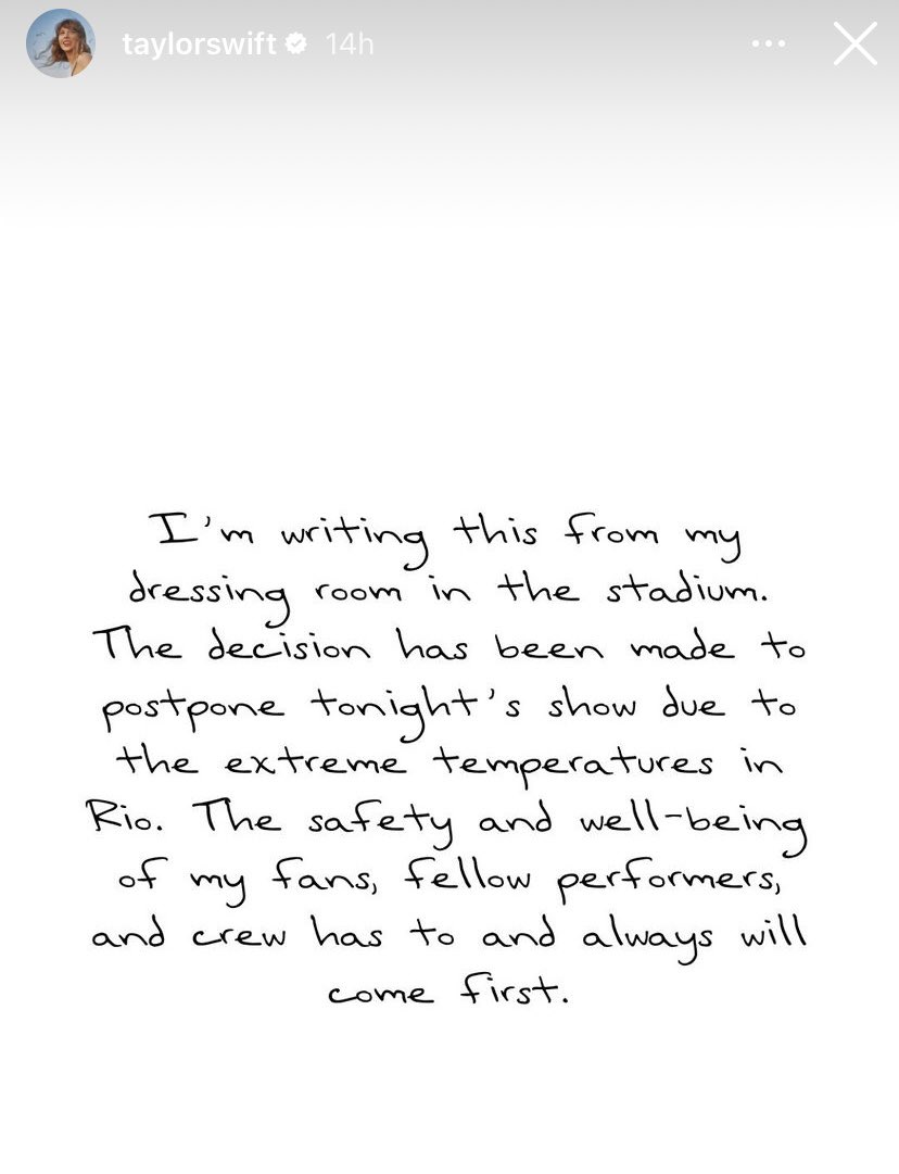BonPote's tweet photo. Taylor Swift qui reporte son concert à cause des températures caniculaires à Rio. 
Le changement climatique n’épargne personne, y compris les stars qui se baladent en jet privé. 
Raison de s’engager dans la lutte climatique : sauvegarder la culture https://t.co/2OK8ECpWMB