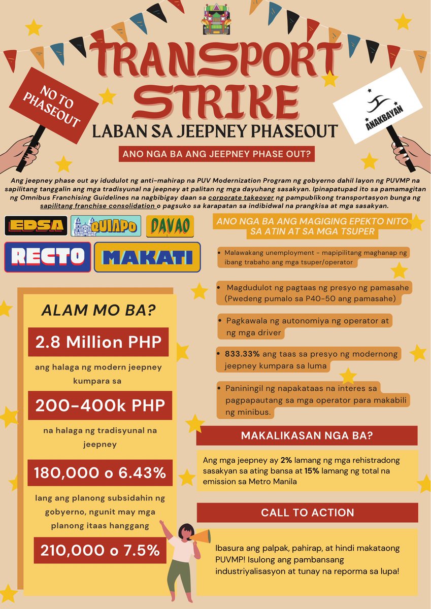 anakbayan_ph's tweet photo. TRANSPORT STRIKE LABAN SA JEEPNEY PHASEOUT!

Ano ba ang jeepney phaseout?
Ang jeepney phaseout ay idudulot ng anti-mahirap na PUV Modernization Program ng gobyerno dahil layon ng PUVMP na sapilitang tanggalin ang mga tradisyunal na jeepney at palitan ng mga dayuhang sasakyan. https://t.co/FyymWkgqpx