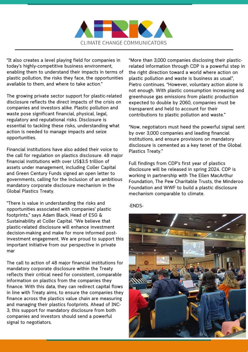 According to <a href="/CDP/">CDP</a> , 3,162 companies from around the world disclosed plastic-related data for the first time through <a href="/CDP/">CDP</a>, the global environmental disclosure platform. #INC3 #GlobalPlasticsTreaty <a href="/EmmaKai/">Emma Kai</a>
More information can be found at: unep.org/news-and-stori…

Find below 👇