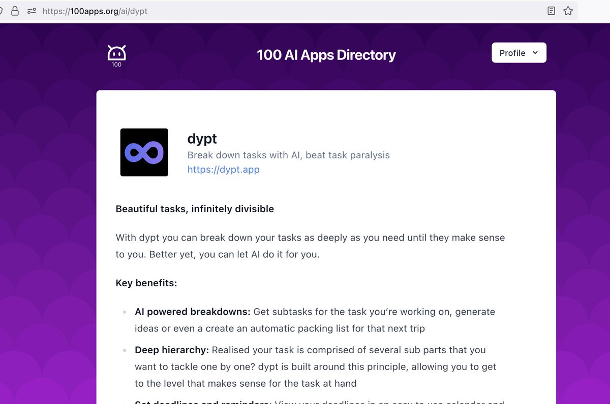 evh_genius's tweet photo. Welcome new AI App @dyptapp by @DanePoyzer at my 100 AI Apps Directory🥳

With dypt you can break down your tasks as deeply as you need until they  make sense to you. Better yet, you can let AI do it for you.

#buildinpublic #aiapp https://t.co/7yx11bfy85