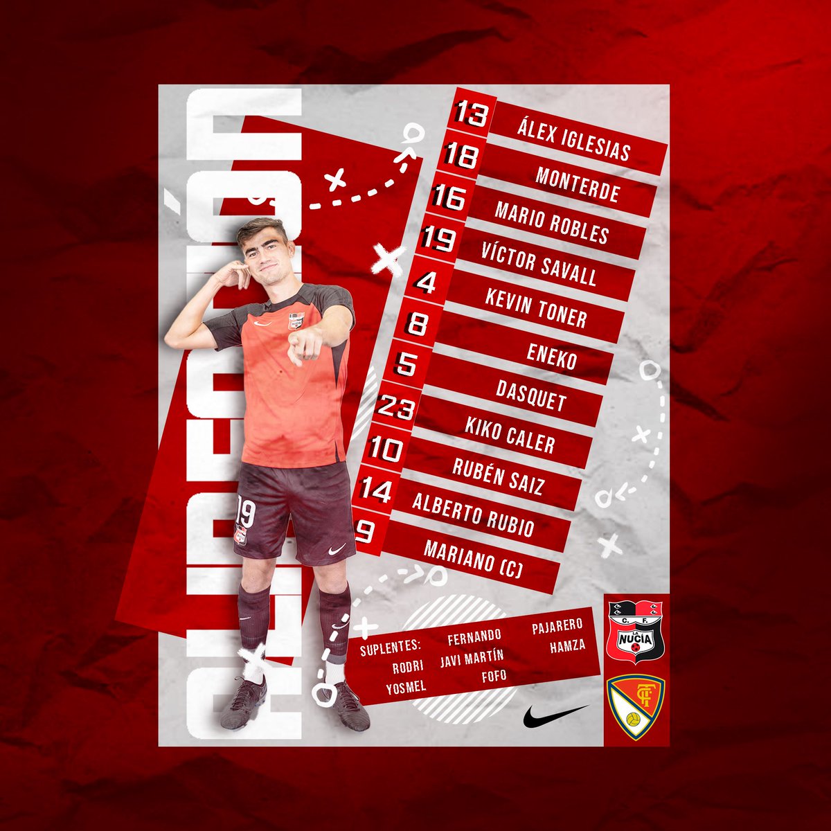 cfnucia's tweet photo. 🔴🅒🅕🅛🅝🔴

𝗔𝗟𝗜𝗡𝗘𝗔𝗖𝗜Ó𝗡 | Este es el 𝑿𝑰 elegido para el partidazo de hoy en el @EstadiLaNucia. 👥

⚽️ @cfnucia 🆚 @TerrassaFC 

#JuguemosAlRojo ♥️

#ADNucía 🧬
#LaNucíaCiudadDelDeporte https://t.co/z9RdUQdWo5