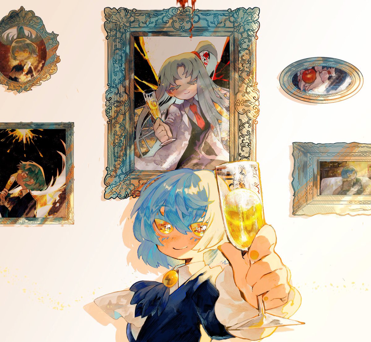 angela (project moon) holding smile drinking glass cup blue hair yellow eyes picture frame  illustration images