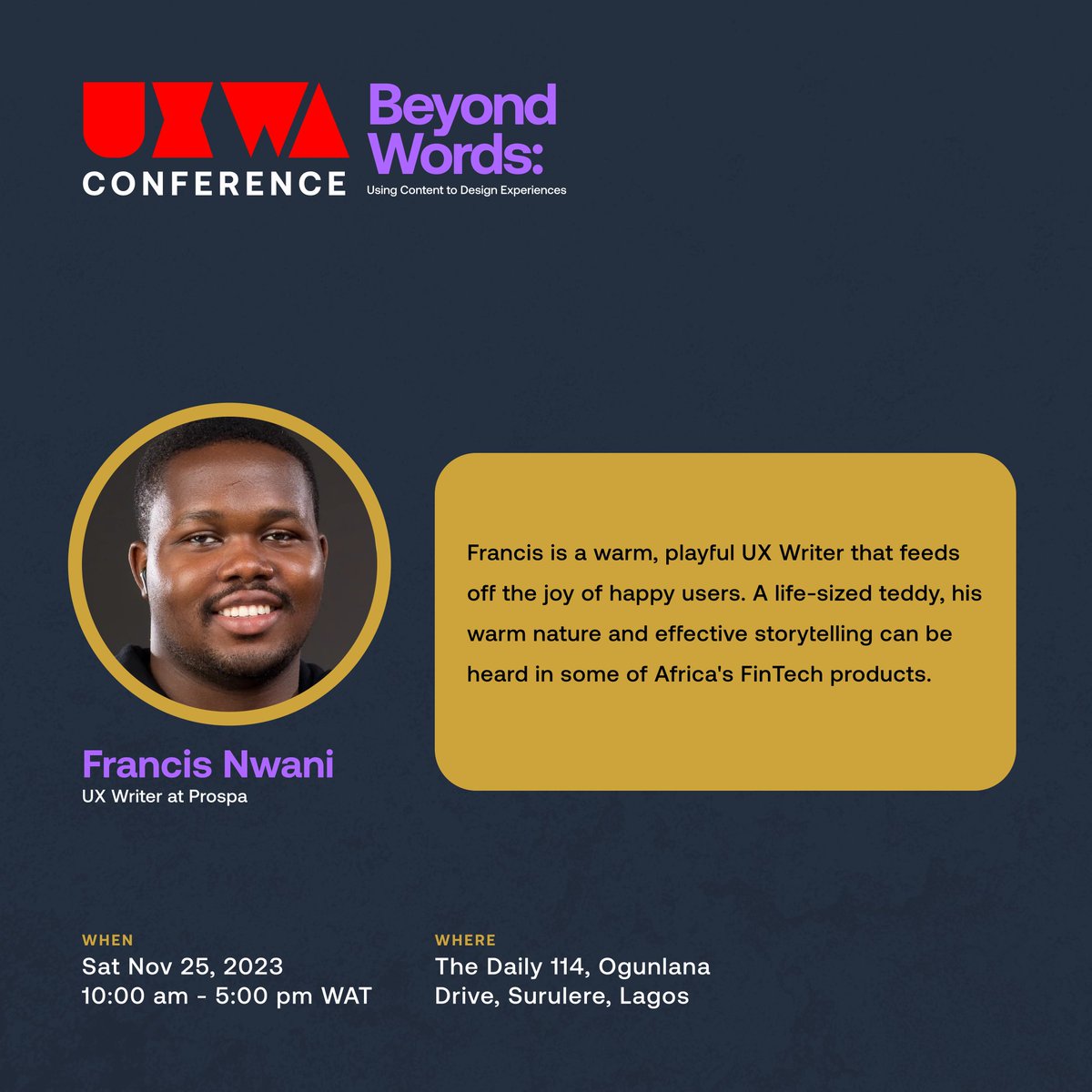 UXWritersAfrica's tweet photo. Exceptional at his craft, Francis has worked with different Fintech Products in and outside of Nigeria.

The One UX Writer @Iamphrancesko, who has guided a number of Africans through UX Writing will be joining us on Saturday🎉🎉🎉🎉🎉.

#UXWAConf https://t.co/QqZ6H32KS5