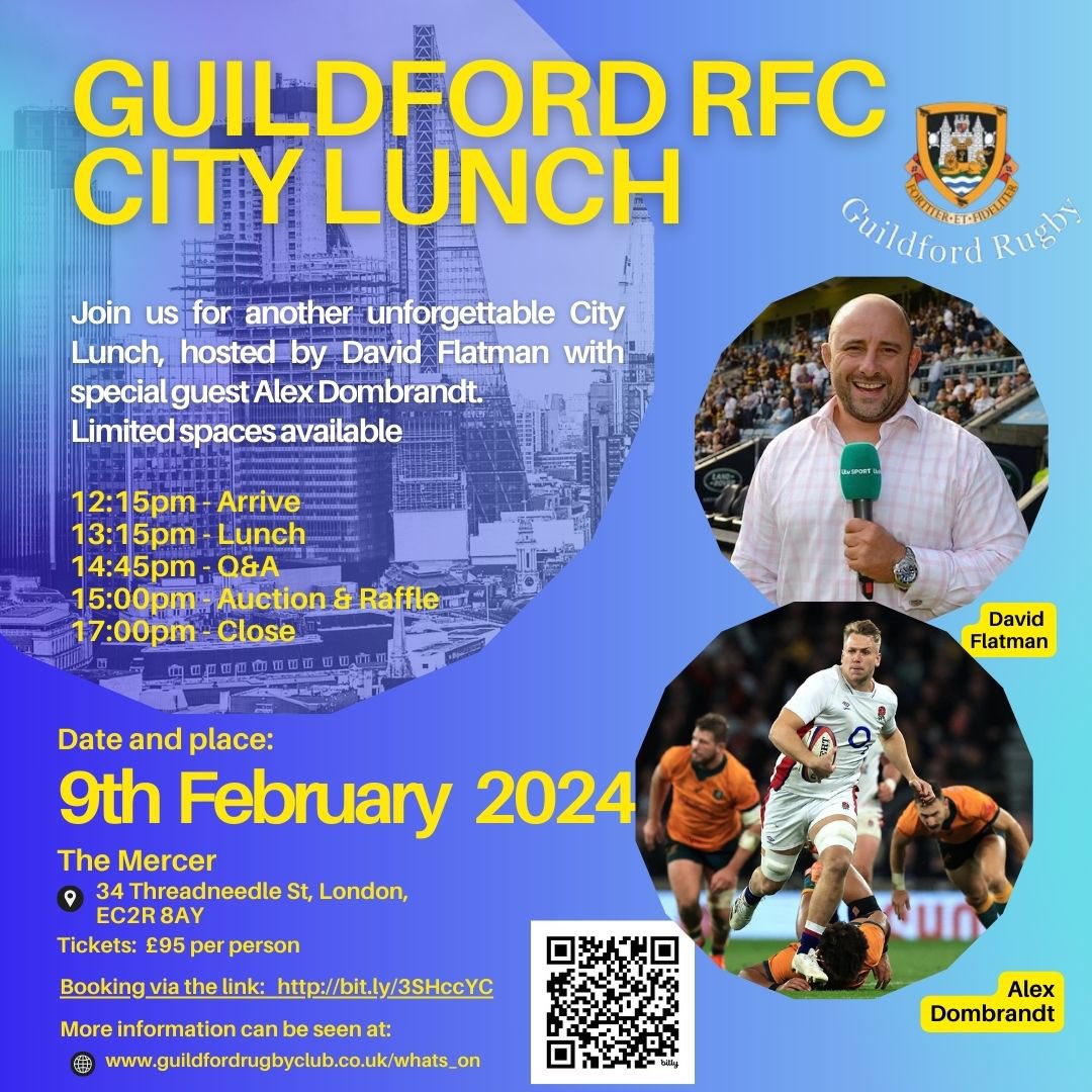 Great win yesterday against the local rivals Farnham 32-7. Now it’s time to book in for our famous City Lunch. February 9th at The Mercer Mr Flatman. Book now. Details on the poster. @thewhiteleyclinic @chandlersroofingsupplies #lunch #fundraiser #fun #London