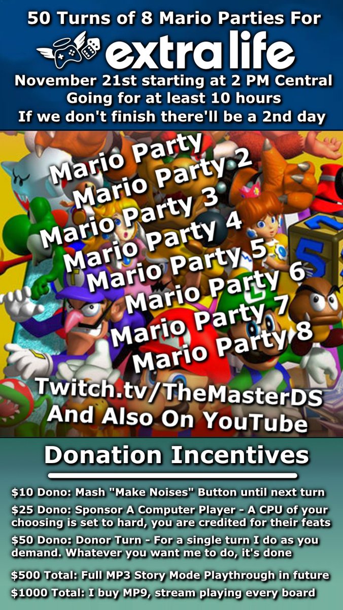 TheMasterDS's tweet photo. I don’t tweet ever anymore, but thought I should say hey, this coming Tuesday I’m doing Extra Life. 8 Mario Parties, 50 turns each. Will be live on Twitch and also YouTube #ExtraLife https://t.co/azscCnJJrB