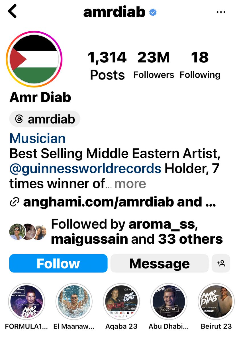 dalaaalmoufti's tweet photo. الفنان الحقيقي #عمرو_دياب والذي يتابعه 23 مليون شخص على منصة انستغرام، يغير صورة بروفايله لعلم فلسطين🇵🇸 ، ويلغي عقده مع بيبسي ويدفع الشرط الجزائي. ويتبرع لغزة.👏👏👏👏👏👏👏👏👏👏👏
#غزة #فلسطين https://t.co/NilcffWzg4