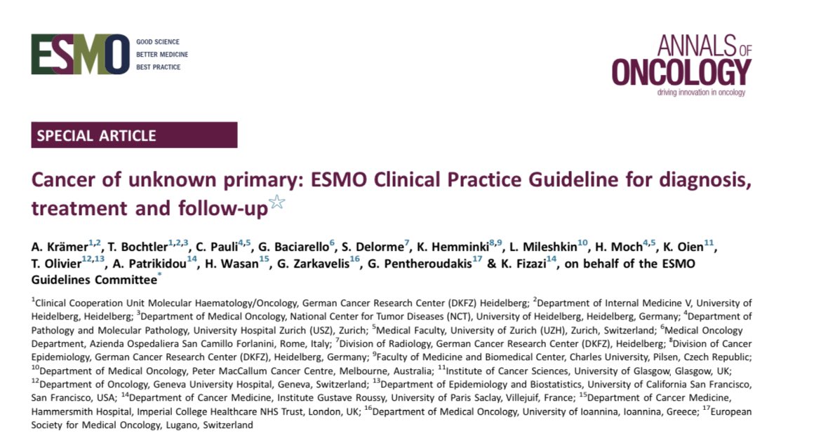 Erman_Akkus's tweet photo. 🔆 Spots from "Cancer of unknown primary" guideline by @myESMO @Annals_Oncology 📣

🔴Median survival is around 3 mo.
✅ Work-up: Histology, IHC, H&amp;P, NTAP CT/MRI and mammography are essential.
✅ Additional work-up as needed like tm markers, endoscopies, site specific MRI
👇👇 https://t.co/TwZIvKbSYy