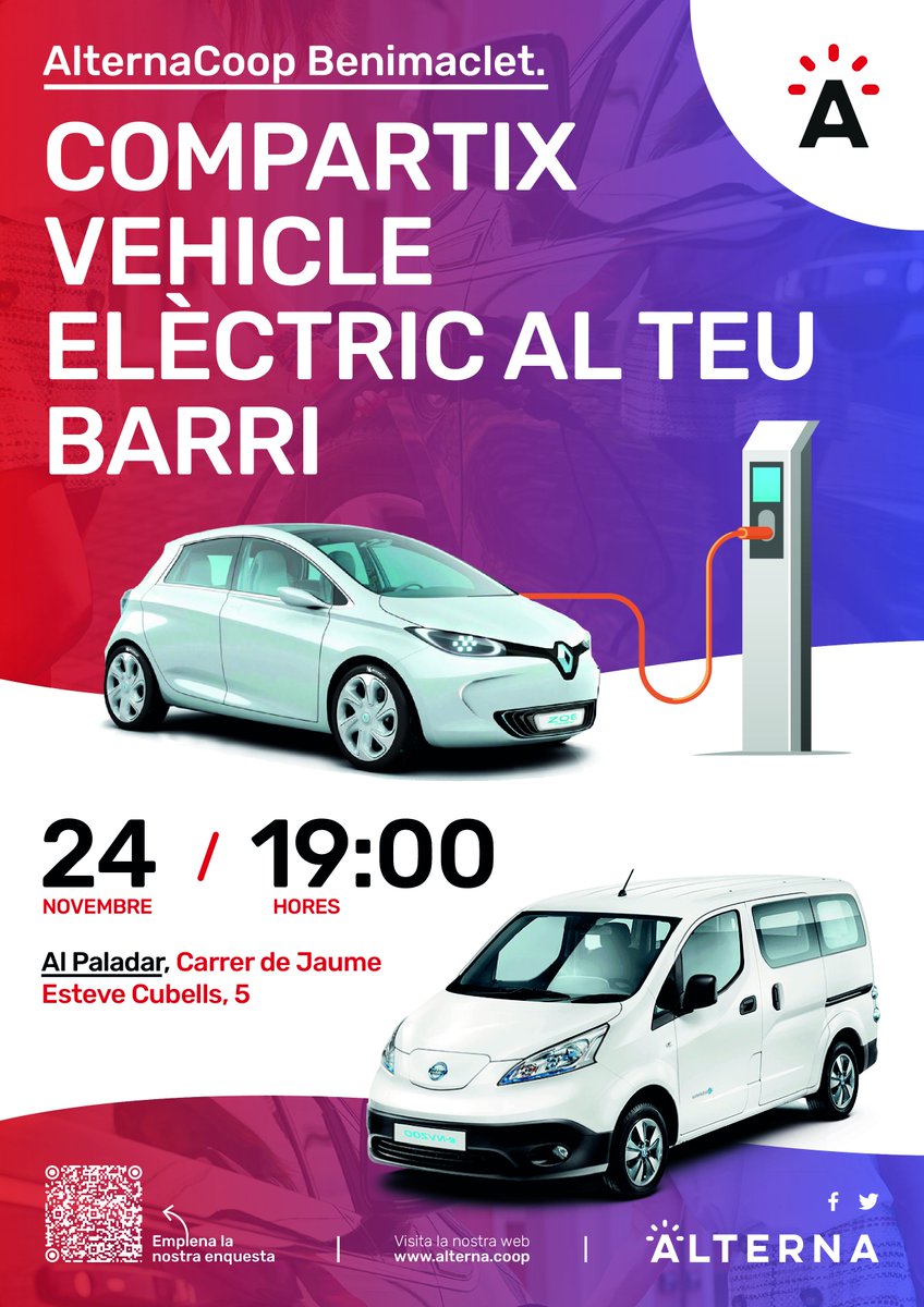 alternacoop's tweet photo. Vives en Benimaclet o alrededores? Esto te interesa! Desde la coop estamos valorando la puesta en marcha de un carsharing en tu barrio y nos gustaría saber si lo usarías. Son menos de 5' y nos ayudas un montón:
Ir a la encuesta => https://t.co/NnHgaVxWc1

Gracias por compartir!! https://t.co/DuGtAkqvP2