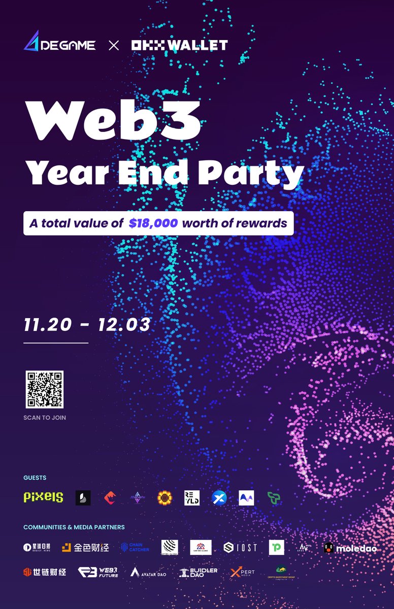 degame_l2y's tweet photo. 🎉We're thrilled to announce our collaboration with OKX Wallet @okxweb3 to host the Web3 Year End Party! 🥳

🗓️Join us from Nov 20, 8:00 AM to Dec 3, 8:00 AM (UTC) for a spectacular celebration. 

🎮💎Exciting rewards await, with a total value of $18,000! Don't miss out on this epic event.

🔗Click for exclusive details:https://t.co/yC7VQIMPiu

#DeGame #OKXWallet