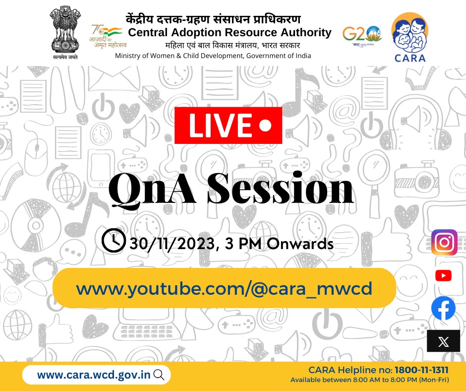 CARAWCD's tweet photo. Subscribe to CARA’s youTube channel to ask your adoption related query & to become a part of the #CARALive interactive session to be held on 30th November.
https://t.co/sCcGK38TH0
#CARA #LegalAdoption #AskCARA
@PMOIndia
@MinistryWCD
@PIB_India
@PIBWCD
@NIPCCD_MWCD
@mygovindia https://t.co/CEK9b241t4