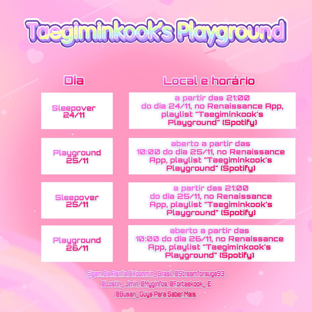 [💜] Recebemos a notícia que o Suga vai tomar conta da Maknae Line por dois dias ,em um parque de diversões 👀

Parquinho de Diversão dos Taegiminkook está chegando... 

 *Dias: 25 e 26 de Novembro 
 *Aplicativo: Renaissance 

Contamos com a presença de todos vocês 💜

<a href="/BTS_twt/">방탄소년단</a>