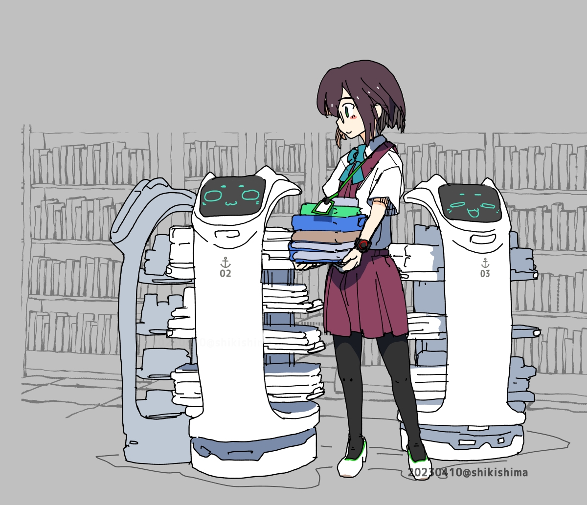 okinami (kancolle) 1girl short hair pantyhose book stack book bookshelf library  illustration images