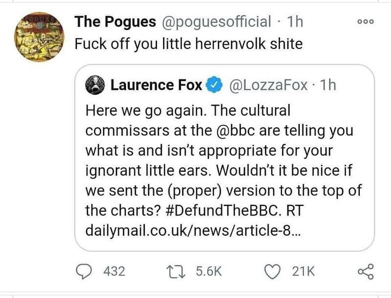 jdpoc's tweet image. This Day in 2020, The marvellous Pogues replied beautifully to @LozzaFox, Lawrence Fox who was whinging about 'Fairytale of New York' ...