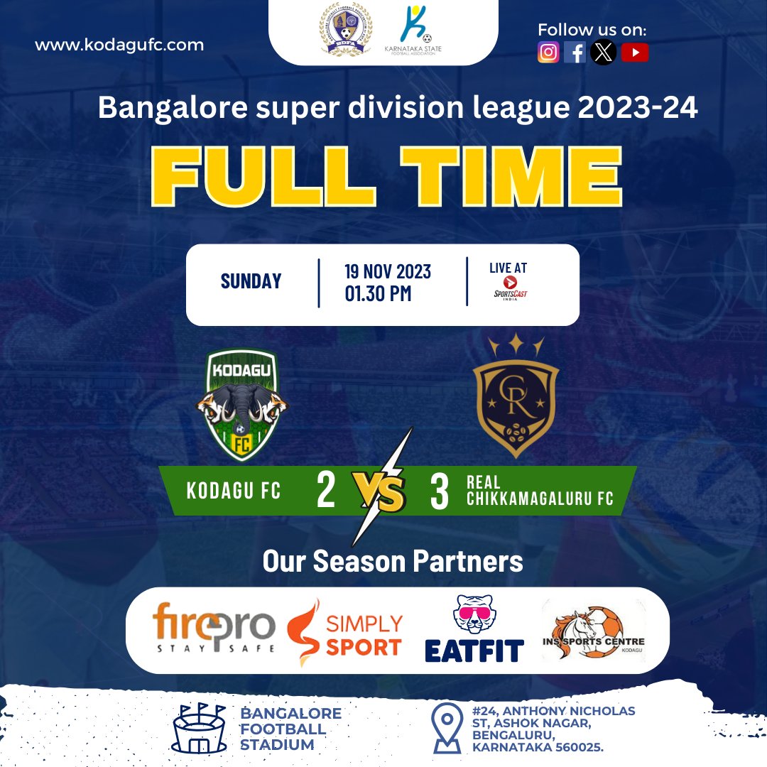 We lost a hard-fought game 3-2 against Real Chikkamagaluru FC. But we’ll come back stronger next time. 
.
.
#KodaguFC #BangaloreSuperDivisionLeague #FootballResilience #TeamSpiritPrevails