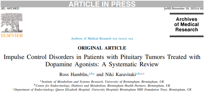 Karavitaki_Niki's tweet photo. Paper is out: Incisive systematic review on impulse control disorders in patients with pituitary tumours treated with dopamine agonists 👋👋👋@RossHamblin. Very interesting data. https://t.co/FOUxMy0qE1 #CEDAM @IMSR_UoB @BHPComms @Soc_Endo @ESEndocrinology @TheEndoSociety https://t.co/MJVMn6WPyw