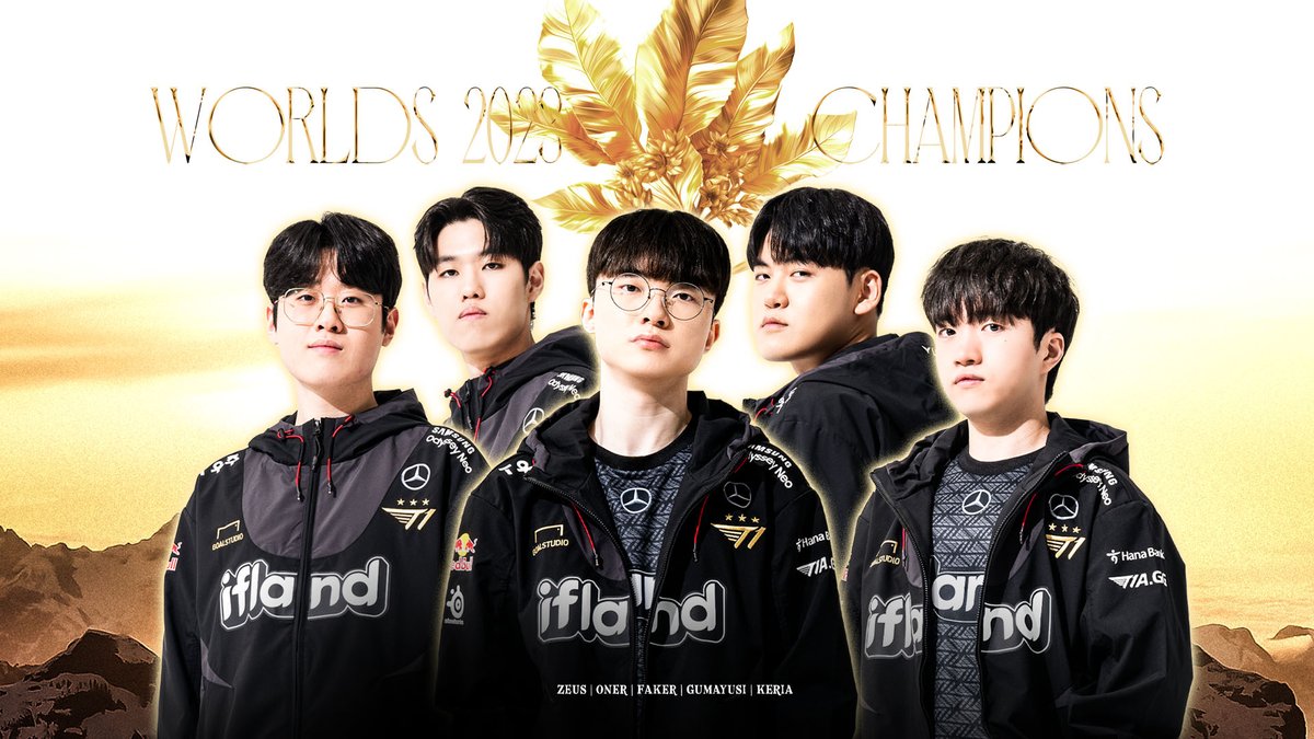 [#Worlds2023 Finals vs. WBG] Worlds에서의 4번째 우승컵을 들어올립니다!🏆 함께 울고 웃으며 뜨거운 응원을 보내주신 팬 여러분 감사합니다. Our fourth WORLD CHAMPIONSHIP!🏆 Thank you for being part of our journey, your continued support led us here. #T1WIN #T1Fighting…