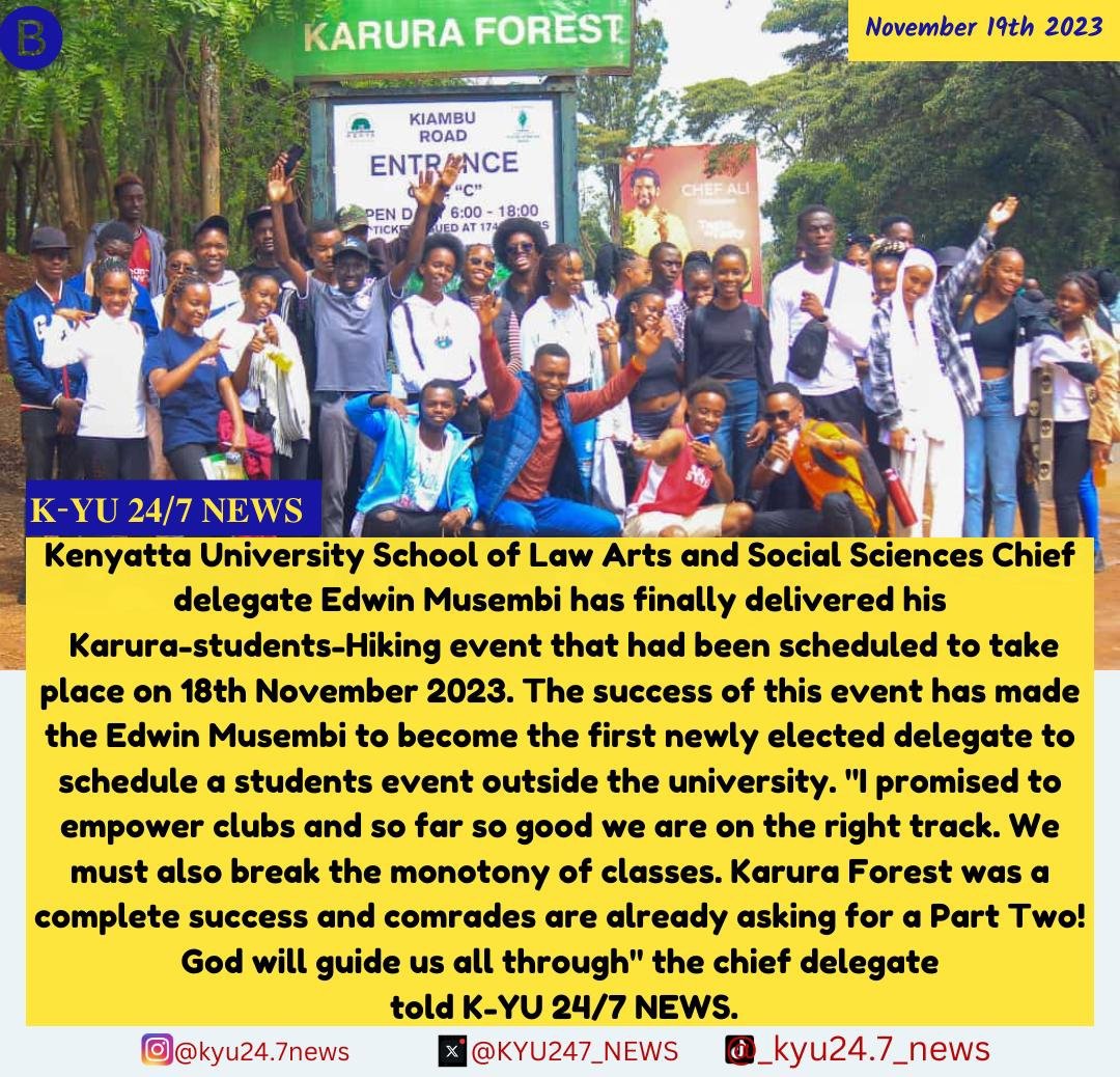 KYU247_NEWS's tweet photo. Kenyatta university school of Law Arts CV and social sciences chief delegate Edwin Musembi has finally delivered his Karura hiking event that had been scheduled to take place on 18 th November 2023.
#MissUniverse2023 #samidoh #17billion https://t.co/unUyHkbJyA