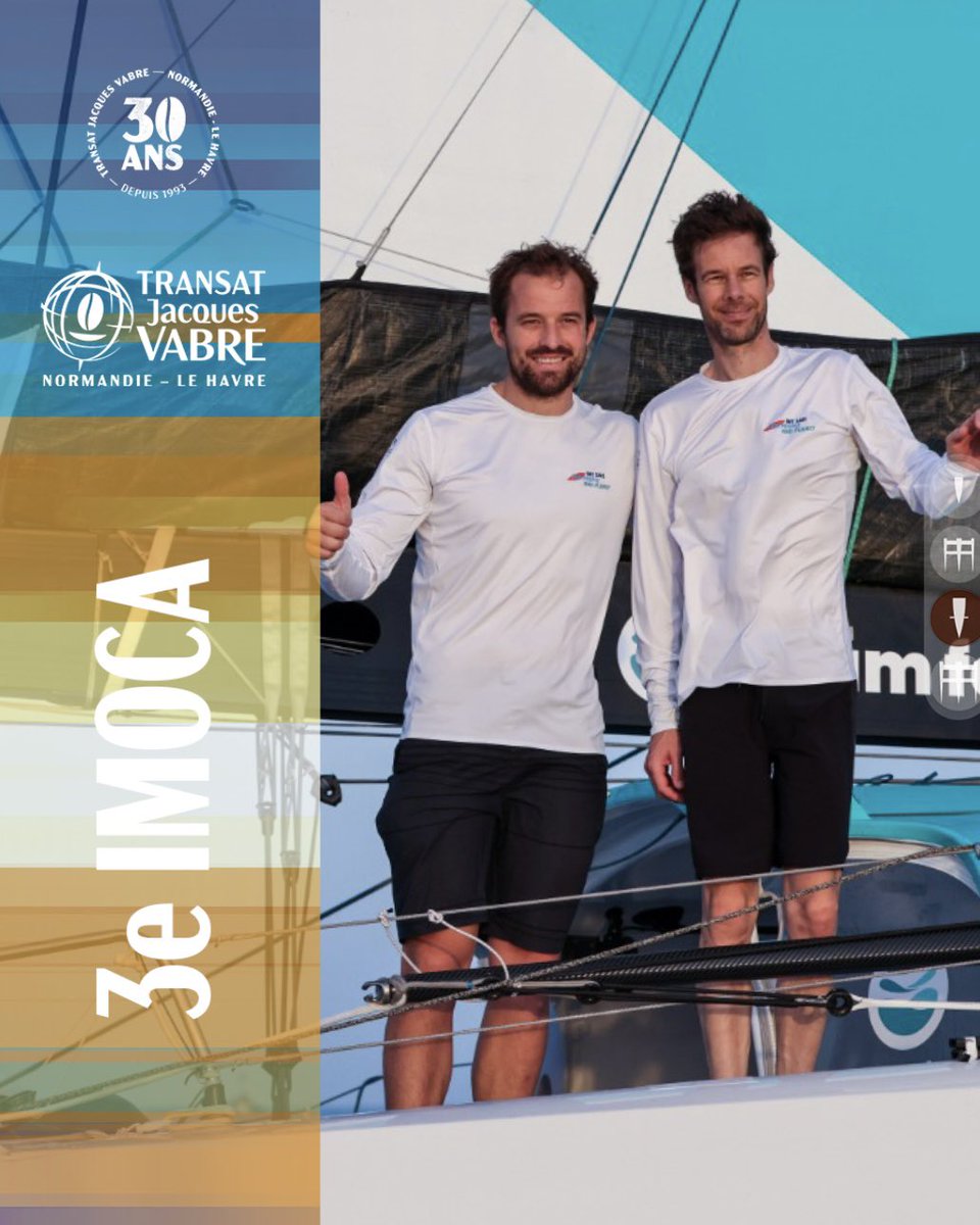 🥉 Sam Goodchild & Antoine Koch complètent le podium @ImocaGS de la #TransatJacquesVabre Normandie Le Havre avec cette belle 3e place à bord de For The Planet ! 👏 ⏱ Temps de course : 12j 1h 50mn 32sec 📸 Jean-Marie Liot / Alea