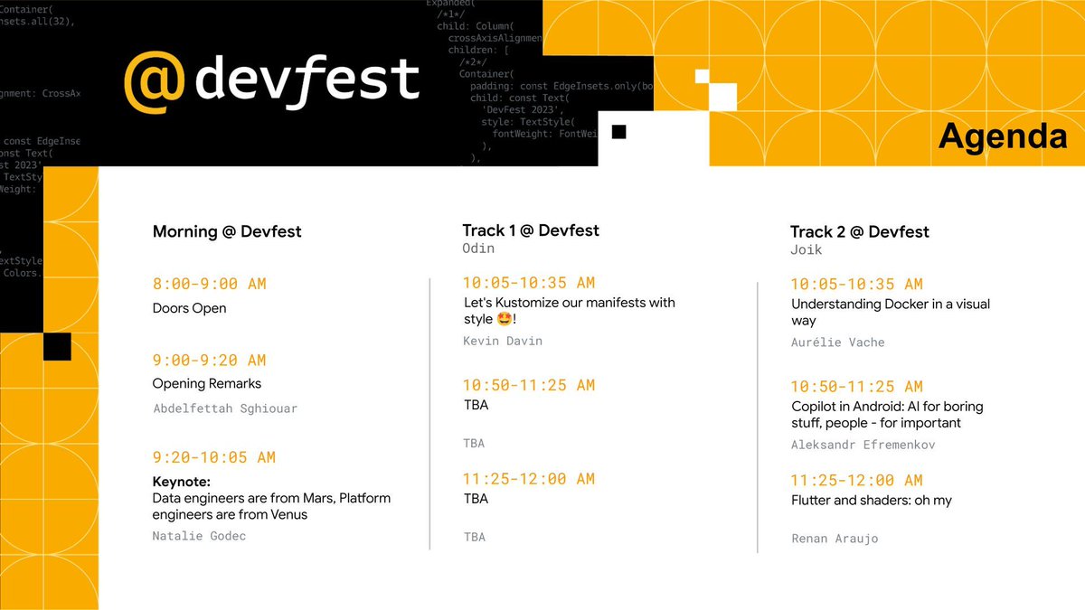 DevFest Stockholm 2023 is around the corner 🎉 

Our Agenda is packed. We bring experts who will cover various topics from Cloud to Mobile, ML, Flutter, Firebase and more 🔥. Check the Agenda below ⬇️ 

Get your ticket today buff.ly/3DOn4v4 💨

#DevFest #DevFestSthlm