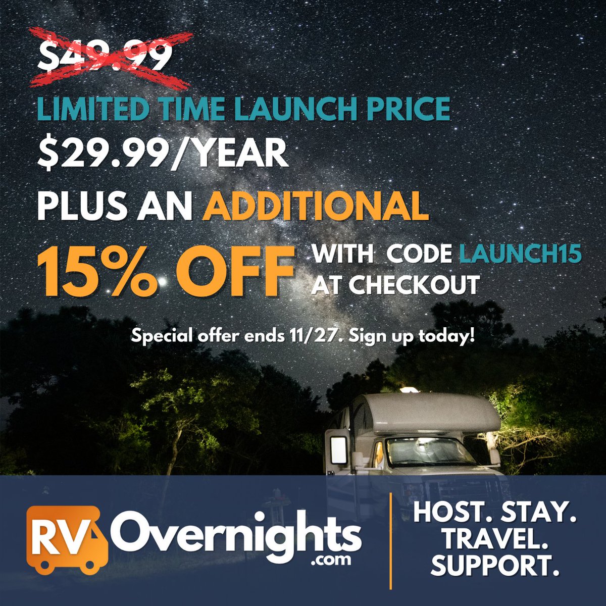 RVOvernights's tweet photo. That's Right! For a VERY LIMITED TIME, get an additional 15% off our already low introductory price! #rv #rvlife #rvliving #rving #rvlifestyle https://t.co/VW4YiWZt2a
