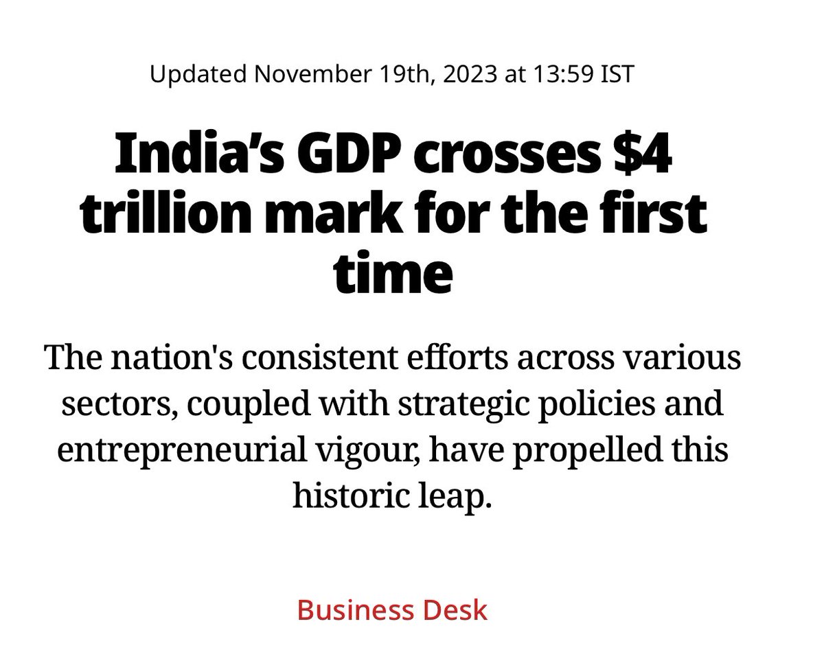 TheVivekSinghal's tweet photo. India’s GDP size is $4 trillion now. 
Next $1 trillion will be added within next 3 years. 
Congratulations! 👏 https://t.co/zPcWjN51qI