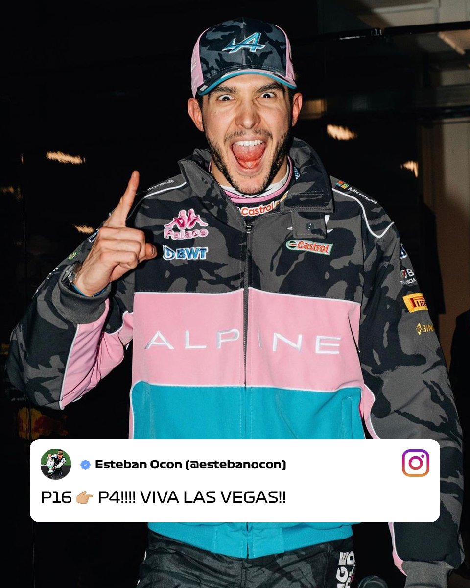 F1's tweet photo. As you do, @OconEsteban 😅💪

P16 to P4, what a monstrous effort by Frenchman! 👏

📸: @AlpineF1Team 

#LasVegasGP #F1 https://t.co/kTOE5WRa37