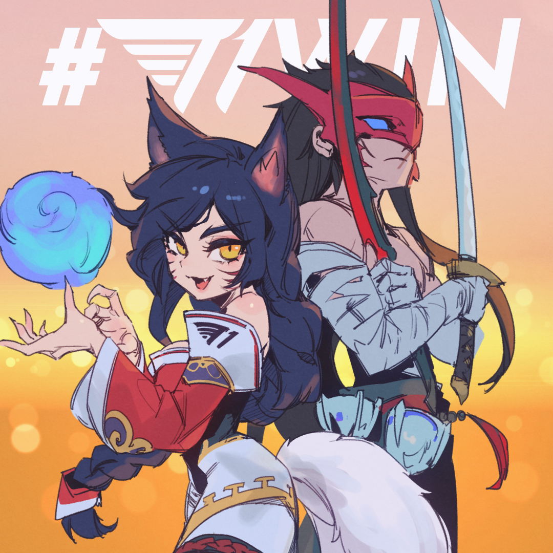 ahri (league of legends) 1girl 1boy long hair weapon mask sword tail  illustration images