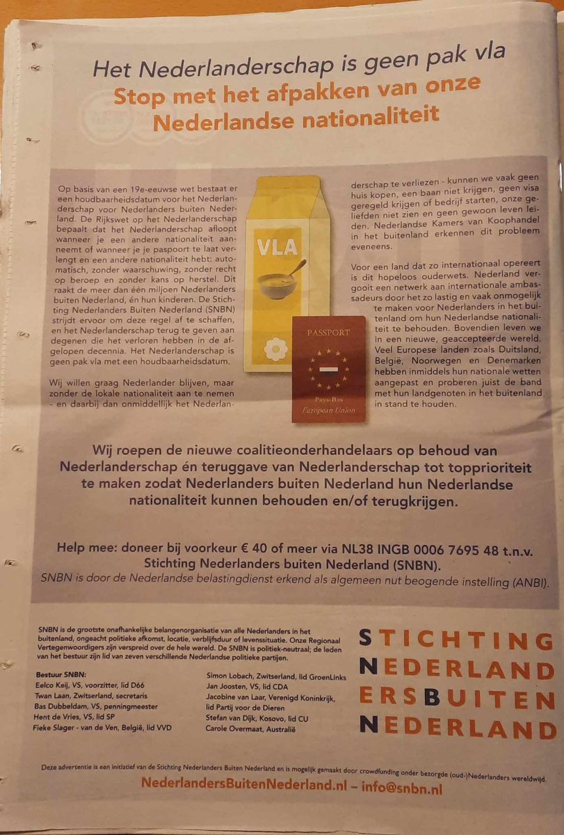 Verkiezingsweek! Met onze paginagrote advertentie: *Stop met afpakken Nederlandse nationaliteit* Heel zichtbaar, heel nodig, en heel kostbaar. Ondersteun deze boodschap voor alle NLers buiten NL ! Onze suggestie is 50€, maar elke support is welkom 😊 👉nederlandersbuitennederland.nl/doneren/