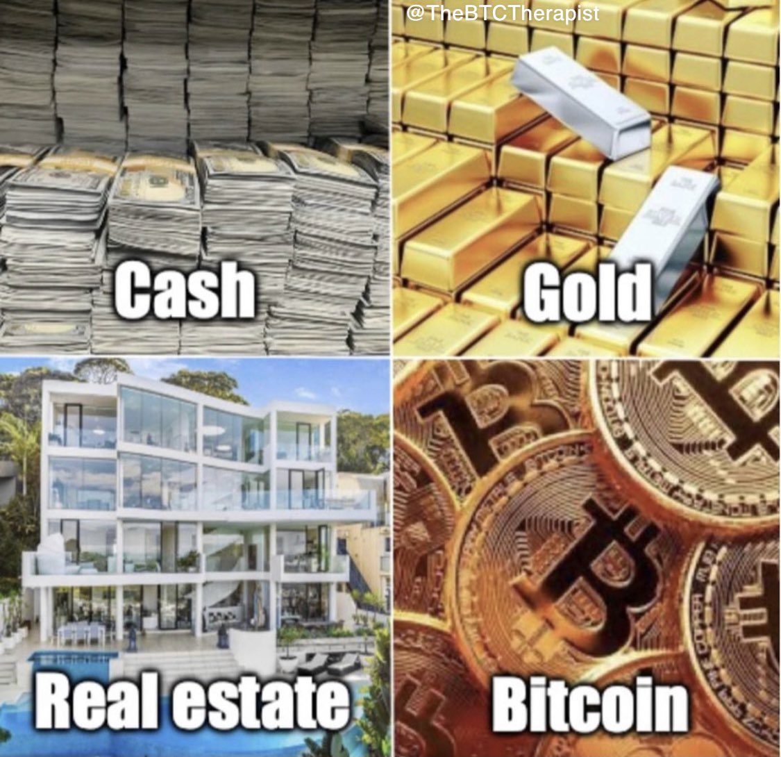 TheBTCTherapist's tweet image. You are given $1M to create a portfolio

How would you allocate it?

% cash/stocks
% gold
% real estate
% #bitcoin