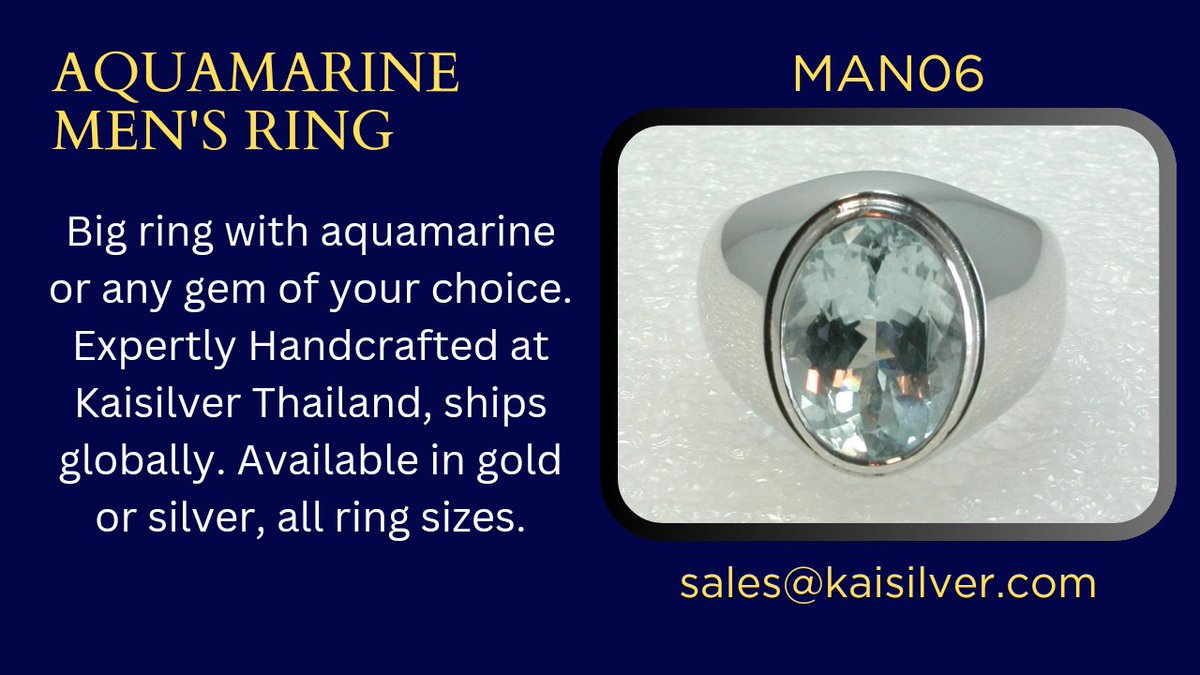 jewelrythailand's tweet image. Custom aquamarine men's ring, durable and sturdy, finely handcrafted at Kaisilver Thailand. Gold or silver, all gem options. #aquamarinering #ringformen #kaisilver ... more at: jewelnice.com/big-gemstone-r…