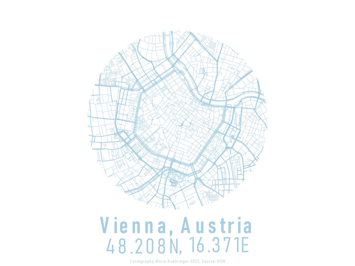 #30DayMapChallenge - Day 19: A 5 minute map
A map made in 5 minutes of the roads in the city centre of the beautiful city of Vienna 💙 🏙
This was possible in just 5 mins with the QuickMapServices and QuickOSM QGIS plugins. 💪

Tool: #qgis, #inkscape
Source: OSM
#gischat